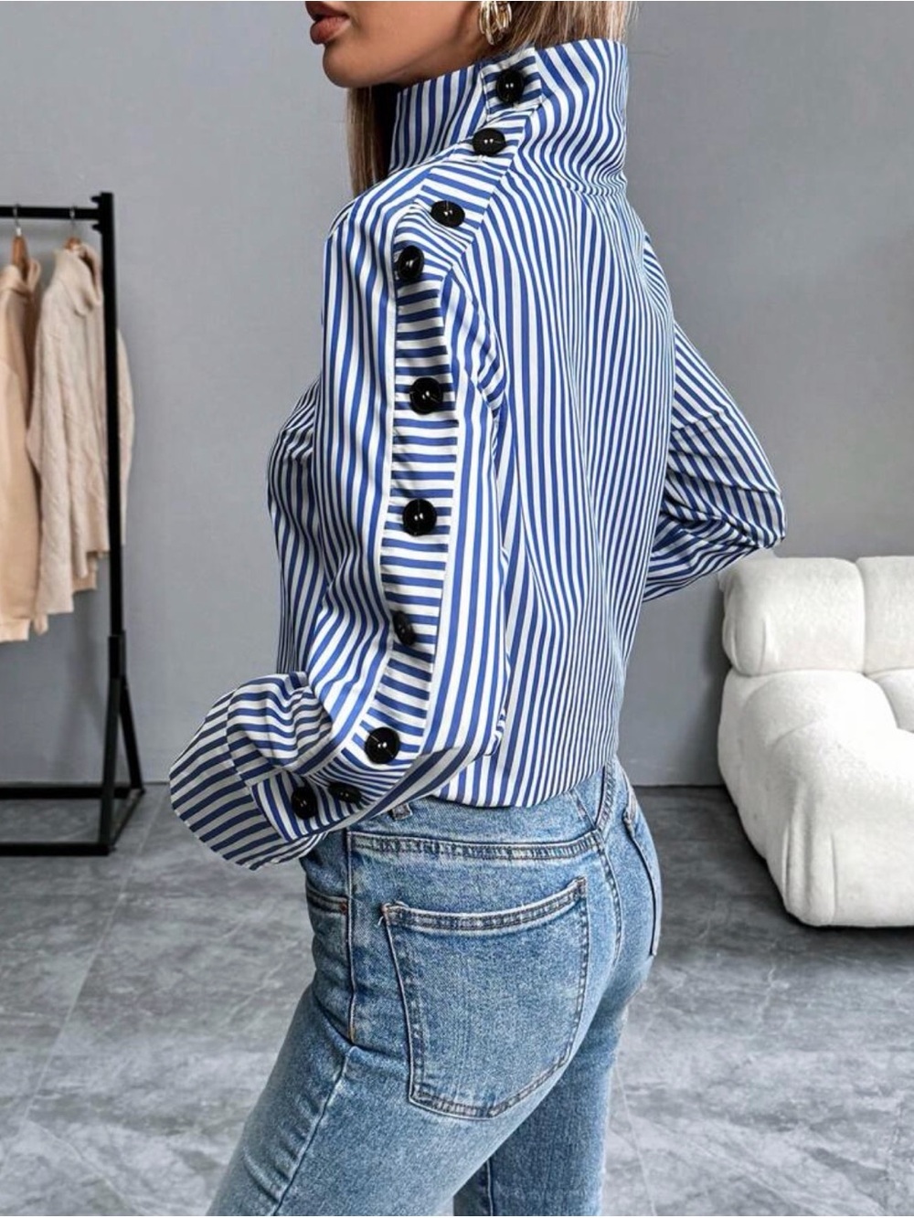 SHEIN Blue and White Striped High-Neck Button Sleeve Blouse - Picture 2 of 3